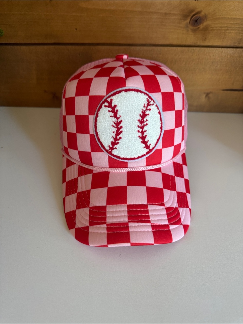 Pink and Red Checker Baseball Hat Poppy and pine